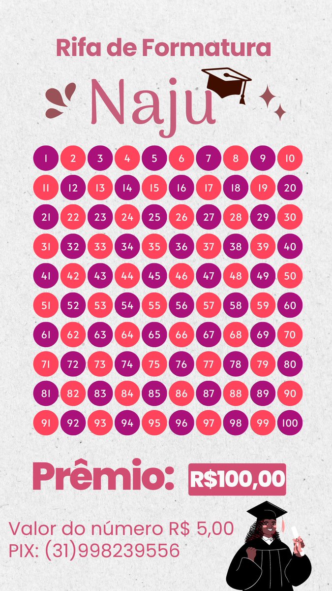 Oioi gente, estou vendendo essa rifa em prol da minha formatura, a data do sorteio já já vai ser divulgada. Quem puder ajudar com qualquer quantidade de números, eu ficaria muito grato ❤️🥹 

quero mto formar junto com todo mundo