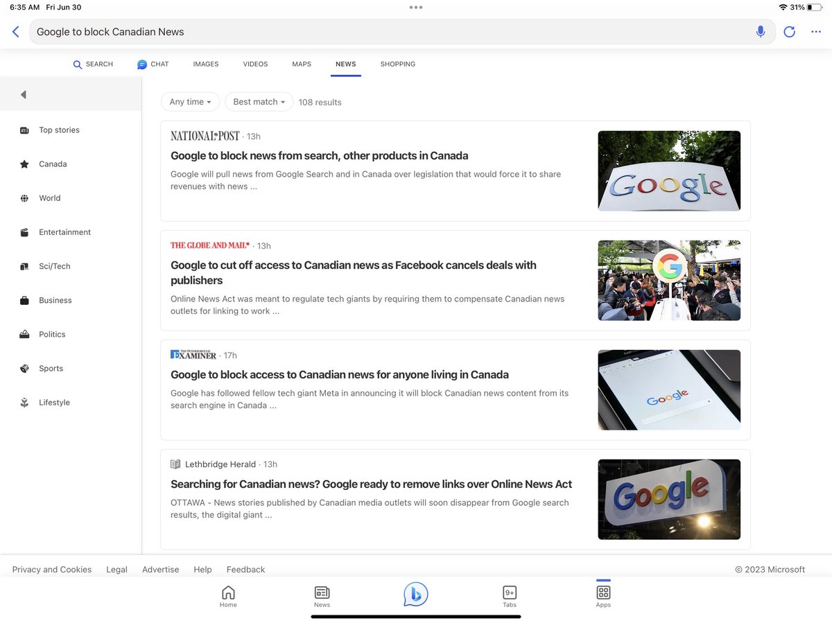 We ‘Bing’ed it. There’s Canadian news and news search results on Bing. And it’s Chat tool kicks butt. #C18