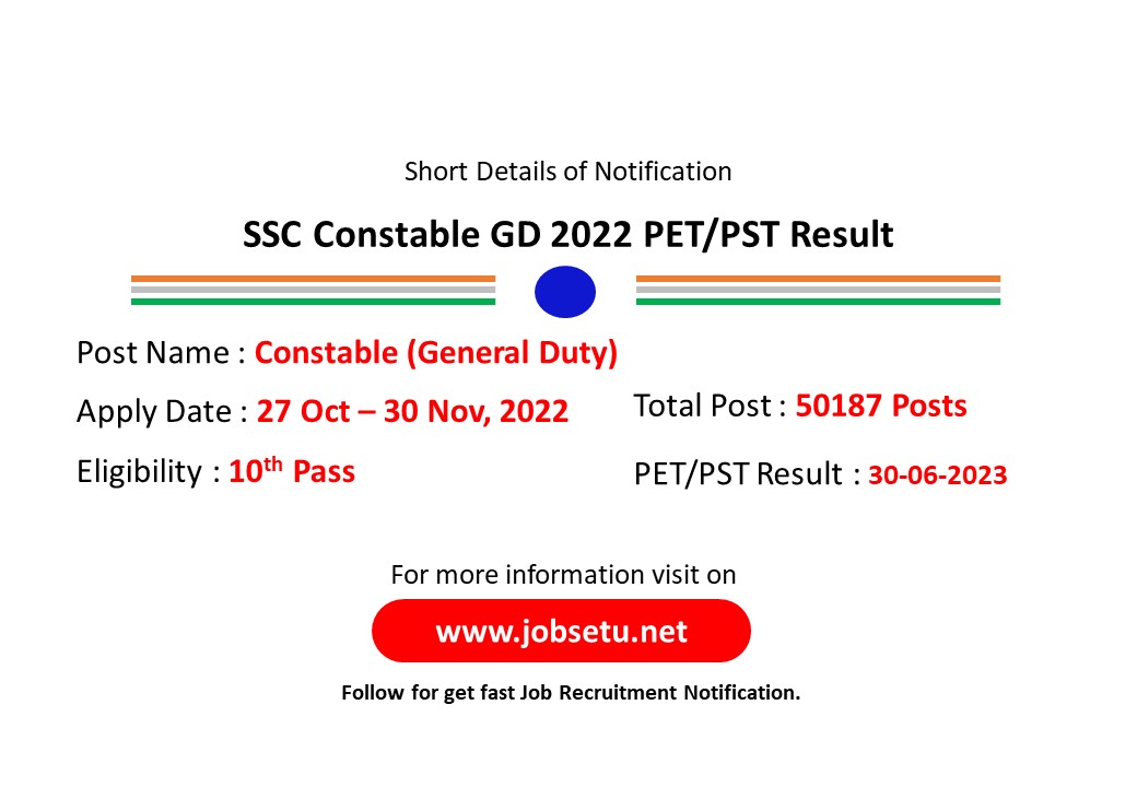 jobsetuofficial's tweet image. SSC Constable (GD) 2022 PET/PST Result
#SSC #ConstableGD #PETResult #SSC_Result #GeneralDuty #GovtJob #JobAlert #jobsetu #jobsetuofficial 
Check Result : jobsetu.net/post/ssc-const… 
Join Telegram Group : t.me/jobsetuofficial