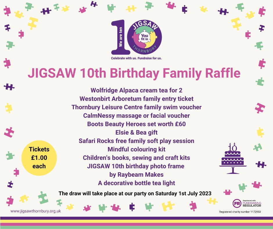 📣 Last chance to buy your tickets online for our 10th birthday family raffle!  Sales end in the JIGSAW Shop at 2:30pm today. Don't miss out on some great prizes. buff.ly/3q8DZ7X The raffle will be drawn on Saturday 1st July at our 10th birthday party. Good luck!!