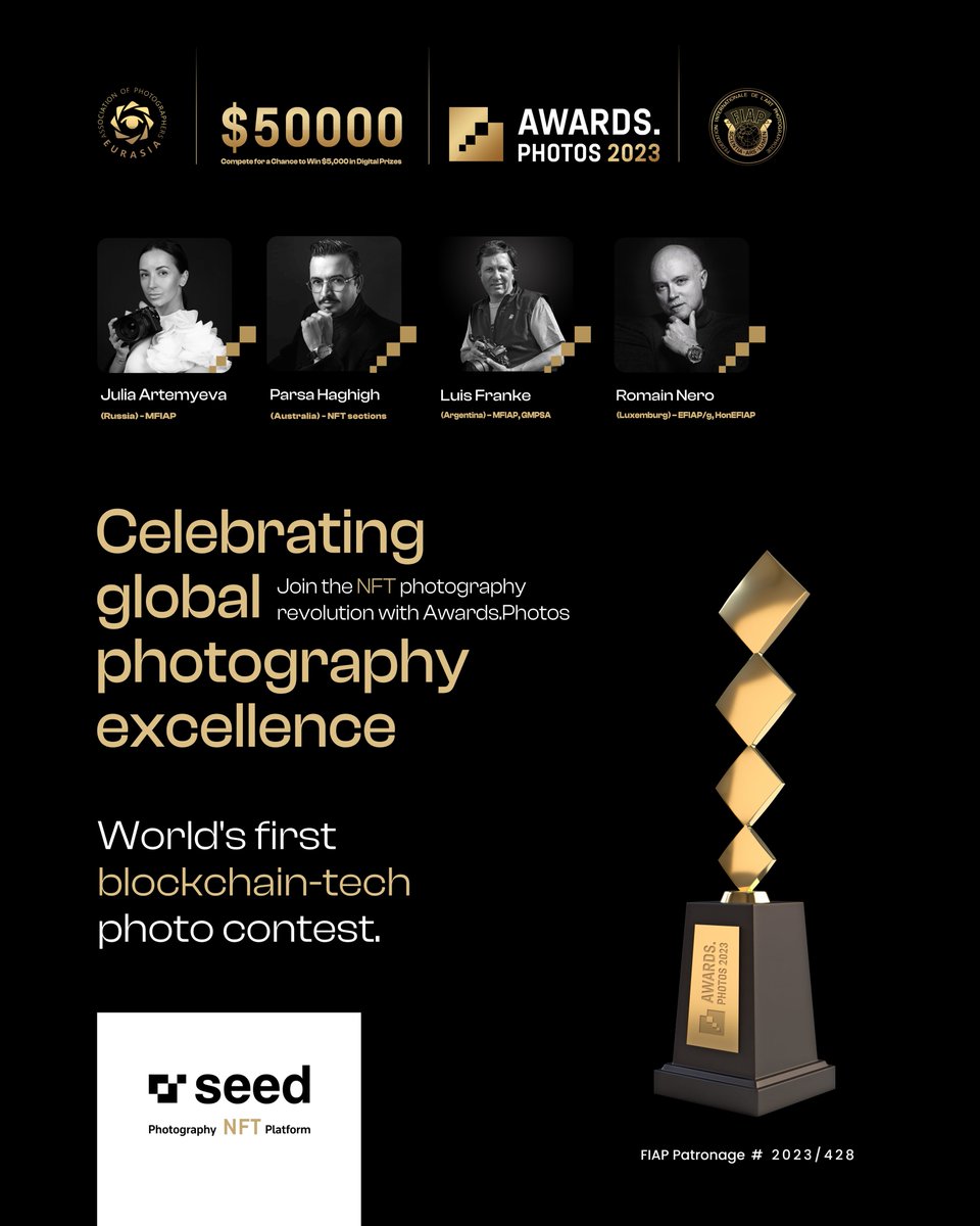 GD!
The world’s first #NFT competition with the support of @SeedPhoto a prize fund is $50k! 🏆
I am the ambassador of this contest, so you can take part in it at a discount at my promo link
awards.photos//?refer=caR3lp

#AwardsPhotos #PhotographyContest #FIAP #Eurasia #SeedPhoto