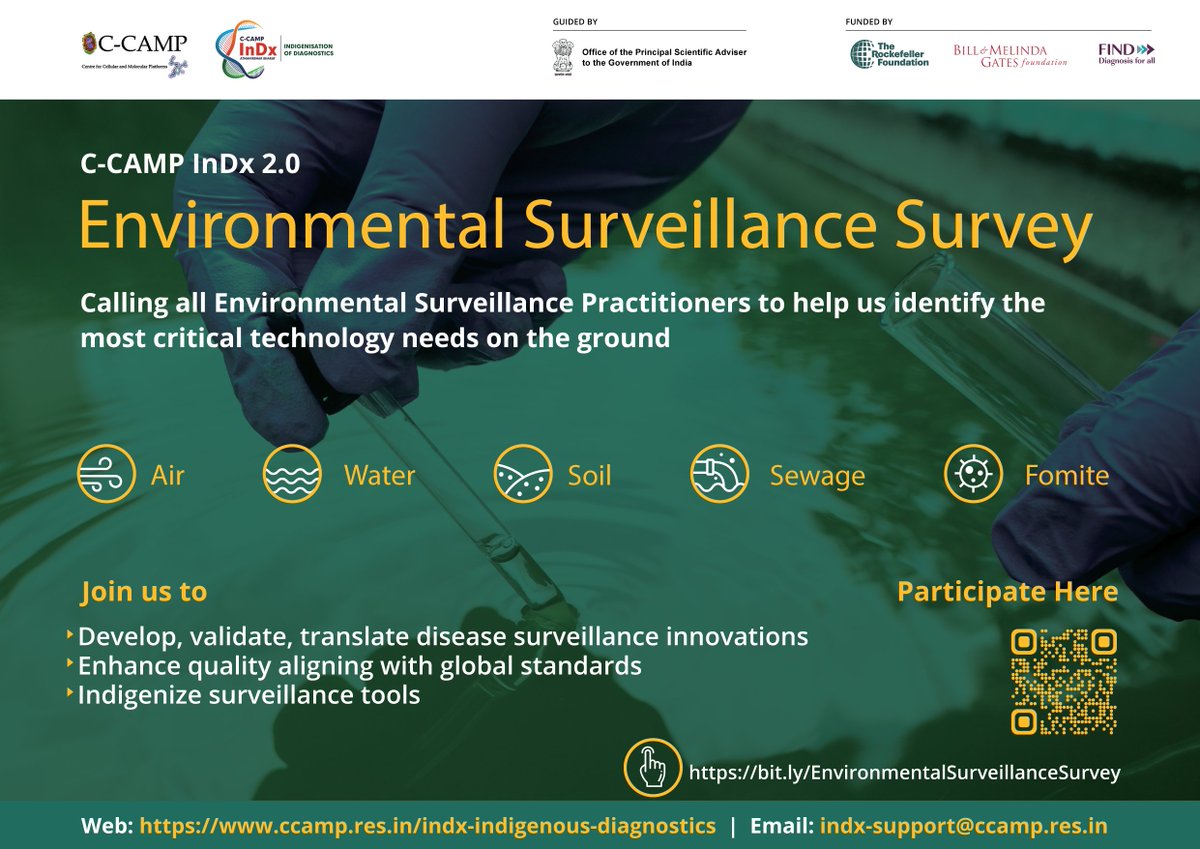 CCAMP_India's tweet photo. Environmental surveillance will be key for public health preparedness for all infectious disease outbreaks
But critical gaps remain in technology for adequate surveillance of #Air #Water #Soil #Sewage #Fomite
C-CAMP InDx 2.0 calls all surveillance practitioners to help identify these gaps
✍️Sign up: https://t.co/0KUSXNvszq
for support in developing, validating & translating such technologies
It all starts with problem statement identification!
@Taslimarif @RockefellerFdn @BMGFIndia @FINDdx @PrinSciAdvOff
#CCAMPInDx2