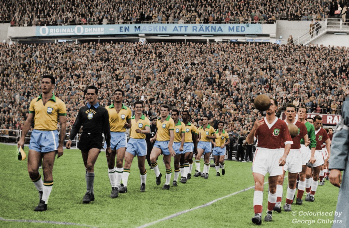 Football History in colour 🎨

Brazil 🇧🇷 and Wales 🏴󠁧󠁢󠁷󠁬󠁳󠁿 walk out before their World Cup quarter-final in Gothenburg. It would take a goal from 17-year-old Pelé to break Welsh hearts and begin a 64 year wait to qualify again. (1958)

Colourised: @Garswoodlatic