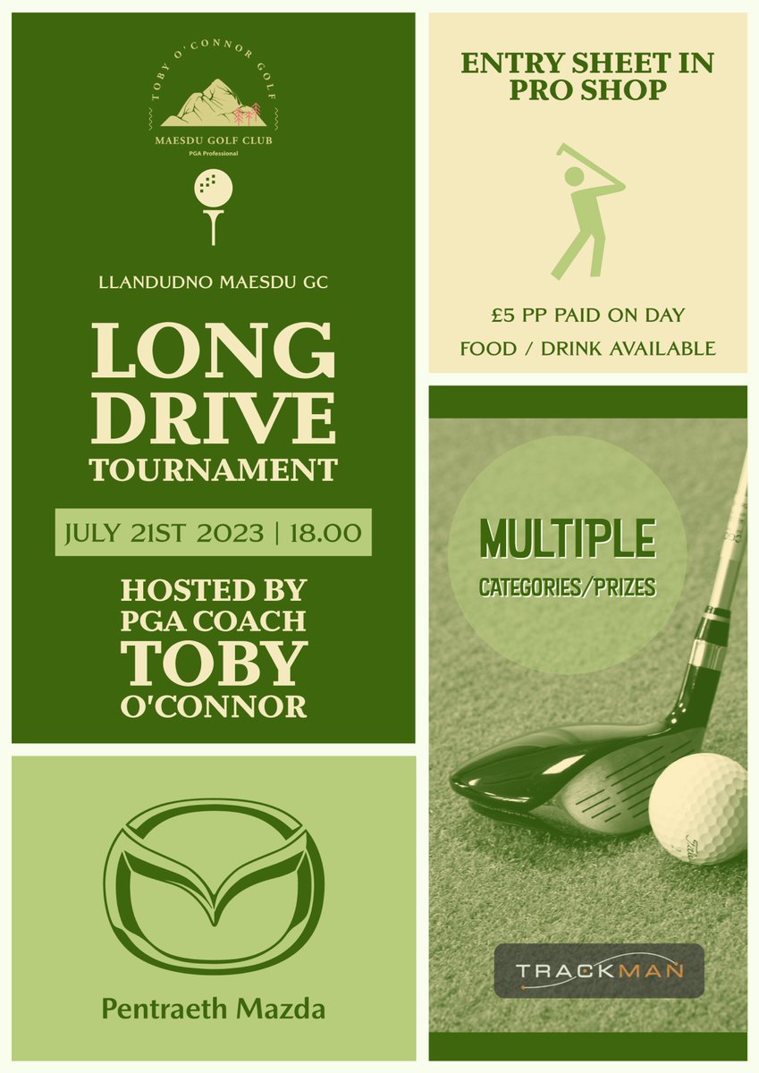 PGA Coach @tobyoconnor95 will be hosting a Long Drive Tournament on the 16th hole on Friday the 21st of July at 6pm.
There are multiple categories for all age groups and abilities so everyone has a chance of winning.
Prizes courtesy of Toby O’Connor, Pentraeth Mazda, PC Catering.