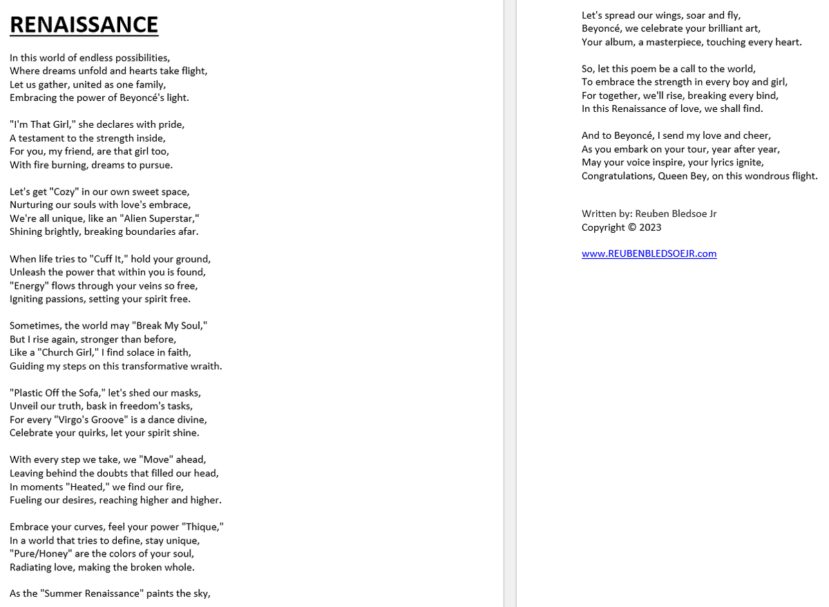 @roclit101 This is a poem that I wrote entitled, 'RENAISSANCE' I pulled all 16 tracks from Beyonce's RENAISSANCE album and in track list order decided to write something inspiring for the world while congratulating Beyonce on her brilliant work.