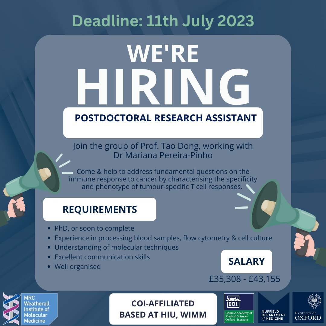 Come and work with us as a Postdoctoral Research Assistant looking at immune responses in cancer. You will be working with Dr Mariana Pereira-Pinho (camsoxford.ox.ac.uk/Team/mariana-p…), based @MRC_HIU @MRC_WIMM. #AcademicJobs #PostdocRAJobs #ResearchAssistantJobs #OxfordJobs #WorkWithUs