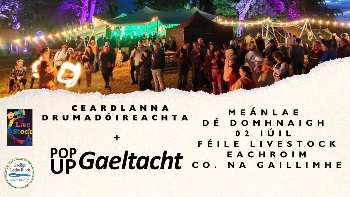 Níl ach lá amháin fágtha go Livestock ‘23 a bhéas ar siúl in Eachroim, Co. na Gaillimhe an deireadh seachtaine seo! 

Beidh Ceardlann Drumadóireachta agus Pop-Up Gaeltacht ar siúl i gCúinne na Gaeilge ó mheán lae Dé Domhnaigh ar aghaidh, buailigí isteach!

secure.tickets.ie/Listing/EventI…