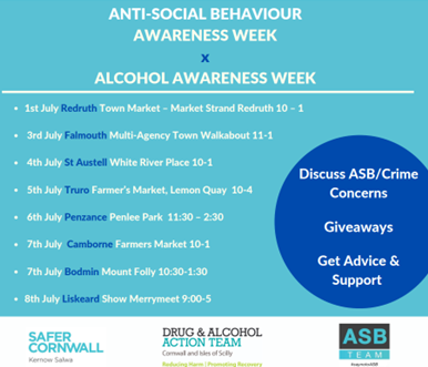 St Austell Police (@staustellpolice) on Twitter photo Next week is ASB Awareness Week x Alcohol Awareness Week.
You will have the opportunity to engage with Police, <a href="/SaferCornwall/">Safer Cornwall</a>, Drug and Alcohol Action Team and Cornwall ASB Team.
#SaferCornwall
#SaferStAustell Next week is ASB Awareness Week x Alcohol Awareness Week.
You will have the opportunity to engage with Police, <a href="/SaferCornwall/">Safer Cornwall</a>, Drug and Alcohol Action Team and Cornwall ASB Team.
#SaferCornwall
#SaferStAustell