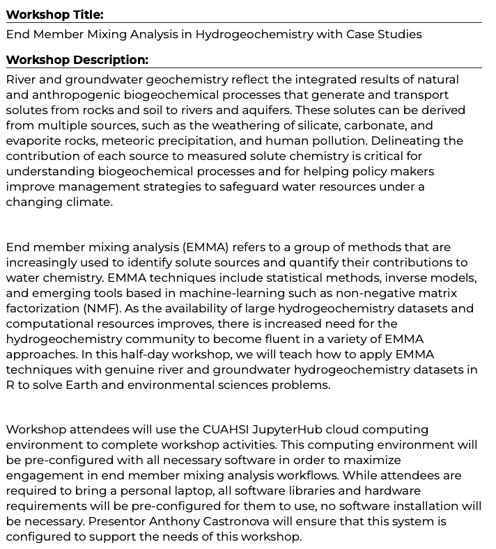 Tao Wen 文涛 (@jaywt) on Twitter photo Our workshop proposal to teach End Member Mixing Analysis in Hydrogeochemistry was accepted by 2023 <a href="/theAGU/">AGU (American Geophysical Union)</a>! This workshop will be co-organized by Shuang Zhang <a href="/caceelab/">Shuang Zhang</a>, Tony Castronova <a href="/CUAHSI/">CUAHSI</a> , and Preston Cosslett Kemeny <a href="/GeoSci_UChicago/">UChicago GeoSci</a>. Please stay tuned. More to come soon! Our workshop proposal to teach End Member Mixing Analysis in Hydrogeochemistry was accepted by 2023 <a href="/theAGU/">AGU (American Geophysical Union)</a>! This workshop will be co-organized by Shuang Zhang <a href="/caceelab/">Shuang Zhang</a>, Tony Castronova <a href="/CUAHSI/">CUAHSI</a> , and Preston Cosslett Kemeny <a href="/GeoSci_UChicago/">UChicago GeoSci</a>. Please stay tuned. More to come soon!