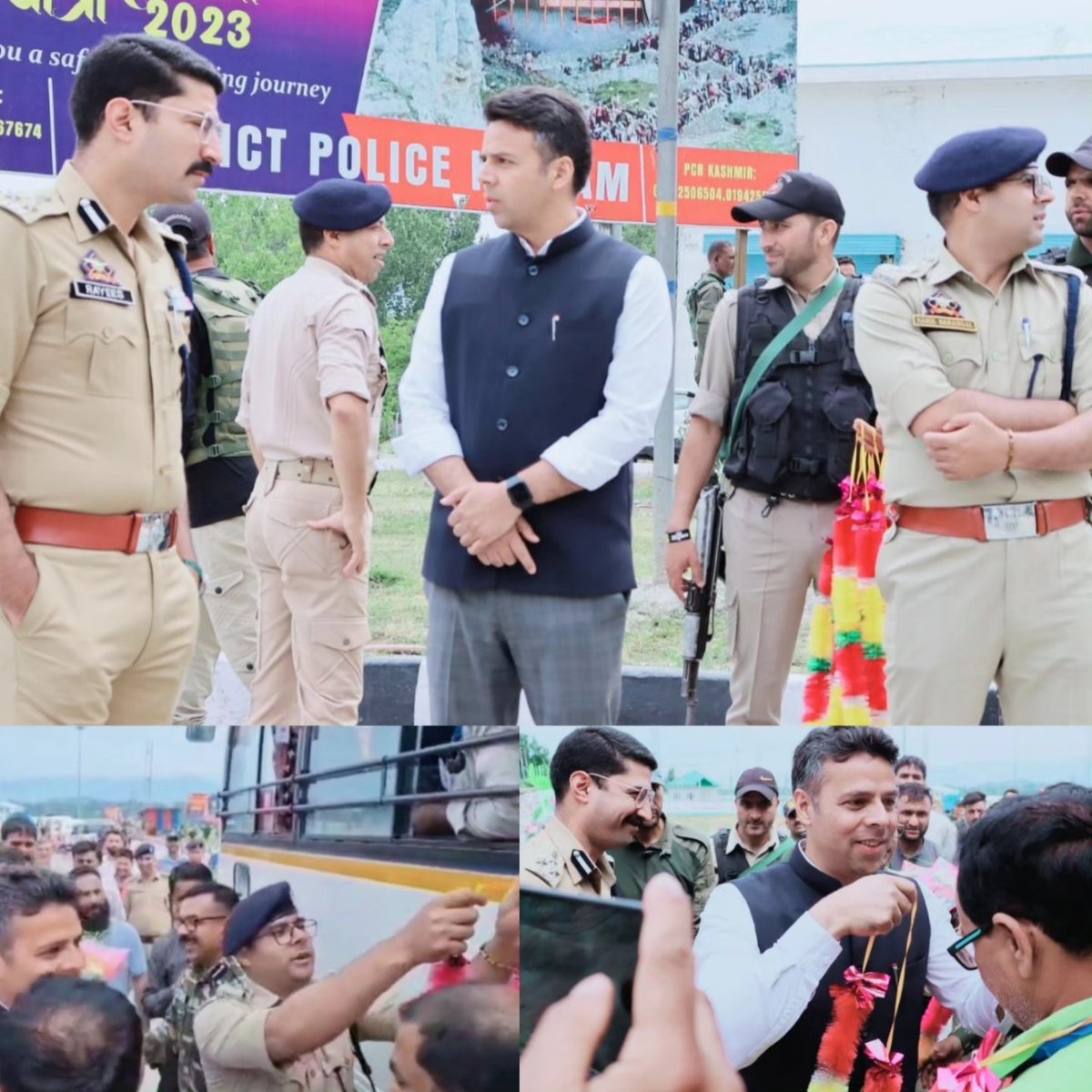 policekulgam's tweet photo. DIG SKR Anantnag Shri #Rayees Mohammad Bhat-IPS, DC Kulgam Shri #Bilal Mohiuddin Bhat-IAS & SP Kulgam Shri #Sahil Sarangal-IPS warmly welcomed #first batch of pilgrims of #SANJY-2023.
@JmuKmrPolice
@KashmirPolice
@DigSkr https://t.co/o9A8eVG2kN