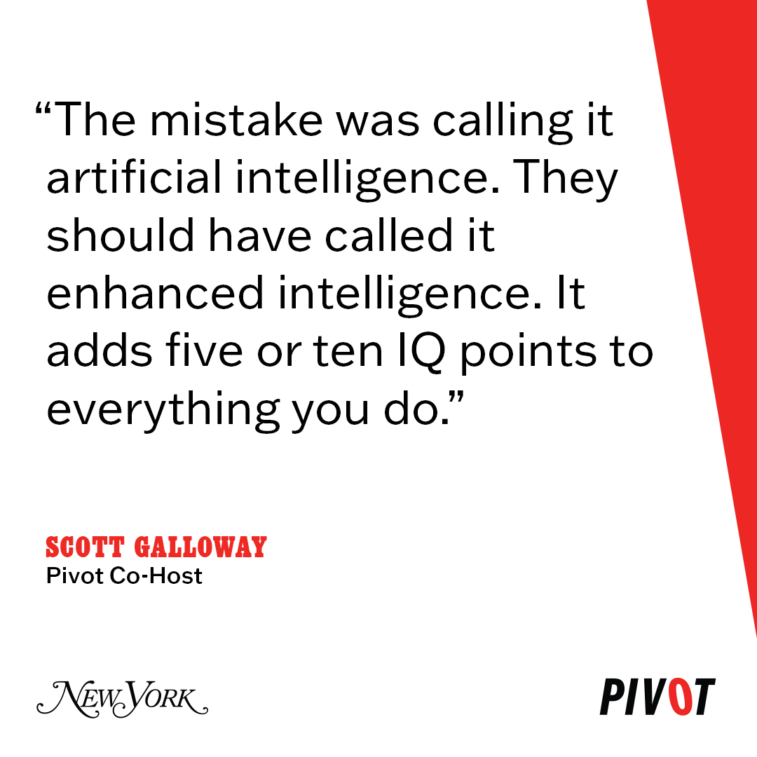 AI lacks the human element, and “spits back plain vanilla stuff.” But what it can do, @profgalloway says, is enhance existing intelligence. Listen to Pivot: podcasts.apple.com/us/podcast/piv…