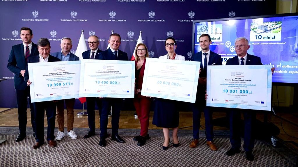 MZ_GOV_PL's tweet photo. Wiceminister Marcin Martyniak wraz z @MMGosiewska, @Pobozy oraz @TABochenski przekazali w @MUW_RP czeki na niemal 70 mln zł w ramach #POIiŚ na rzecz warszawskich szpitali: @pim_mswia #UCKWUM #IPCZD. Środki trafią na wzmocnienie ochrony zdrowia po pandemii oraz transplantologię. https://t.co/S0O0YmpXnN