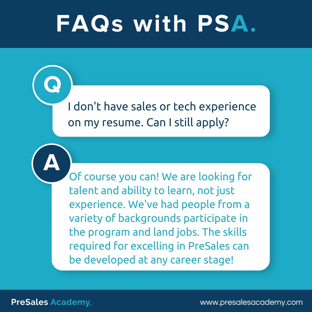 PreSalesAcademy's tweet image. Did you know? ➡️ You do not need technical skills or sales experience to break into PreSales!

At PreSales Academy we are looking for students who have curiosity, passion, and commitment to making a career change.

#questions #presales #solutionsconsulting #faqs