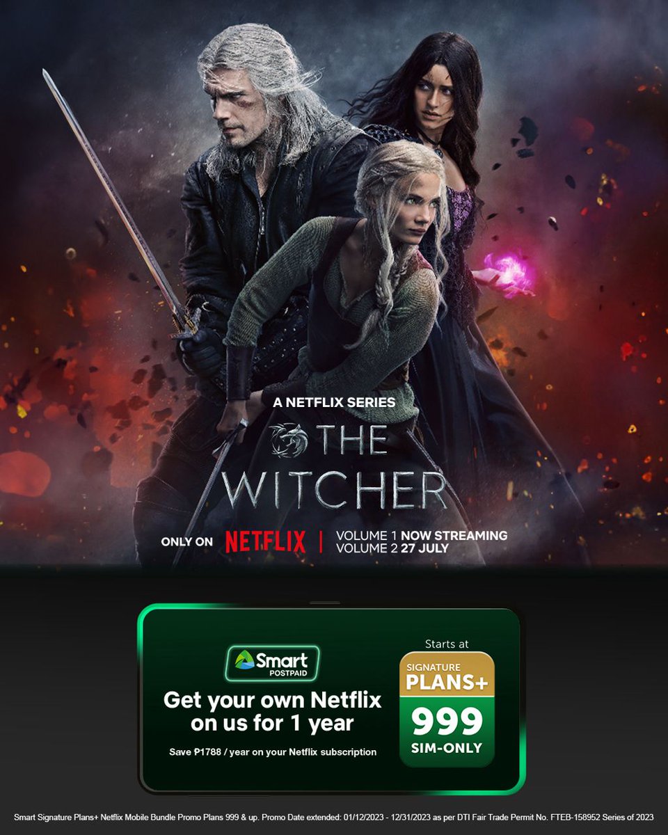 LiveSmart's tweet photo. The Witcher is ready to hunt for more epic monsters. Are you in? 🧐
Catch another Netflix original series, The Witcher starring Henry Cavill.
With Smart Signature Plans+, you can stream Season 3 Volume 1 now as your Netflix is on us. 🎬
https://t.co/Kt86M0Lfkp #SmartNetflix https://t.co/05SEUSRS8T