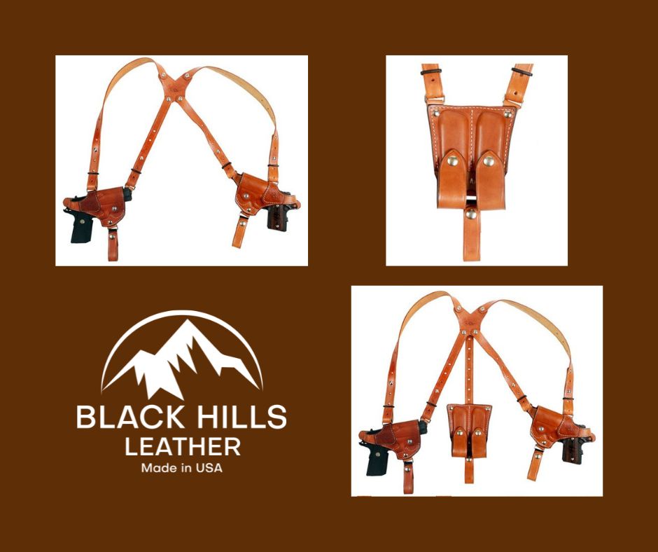 Introducing the BH7DG by Black Hills Leather! Carry TWO pistols and two spare mags in comfort and style. Perfect fit with adjustable harness. Handcrafted, top-quality, trusted for 40+ years. Thank you for choosing us! #BH7DG #BlackHillsLeather #GunHolster #QualityMatters