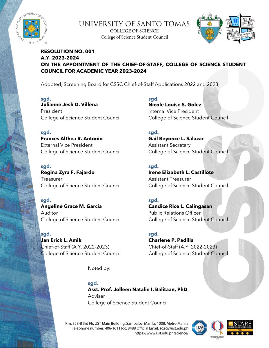 USTCSSC's tweet photo. CSSC RESOLUTION | RE-001
Series of 2023-2024
RE: On the Appointment of the Chief-of-Staff, College of Science Student Council for Academic Year 2023-2024
#GalingScience
#AghamPinainam https://t.co/6tVyR5x8ht