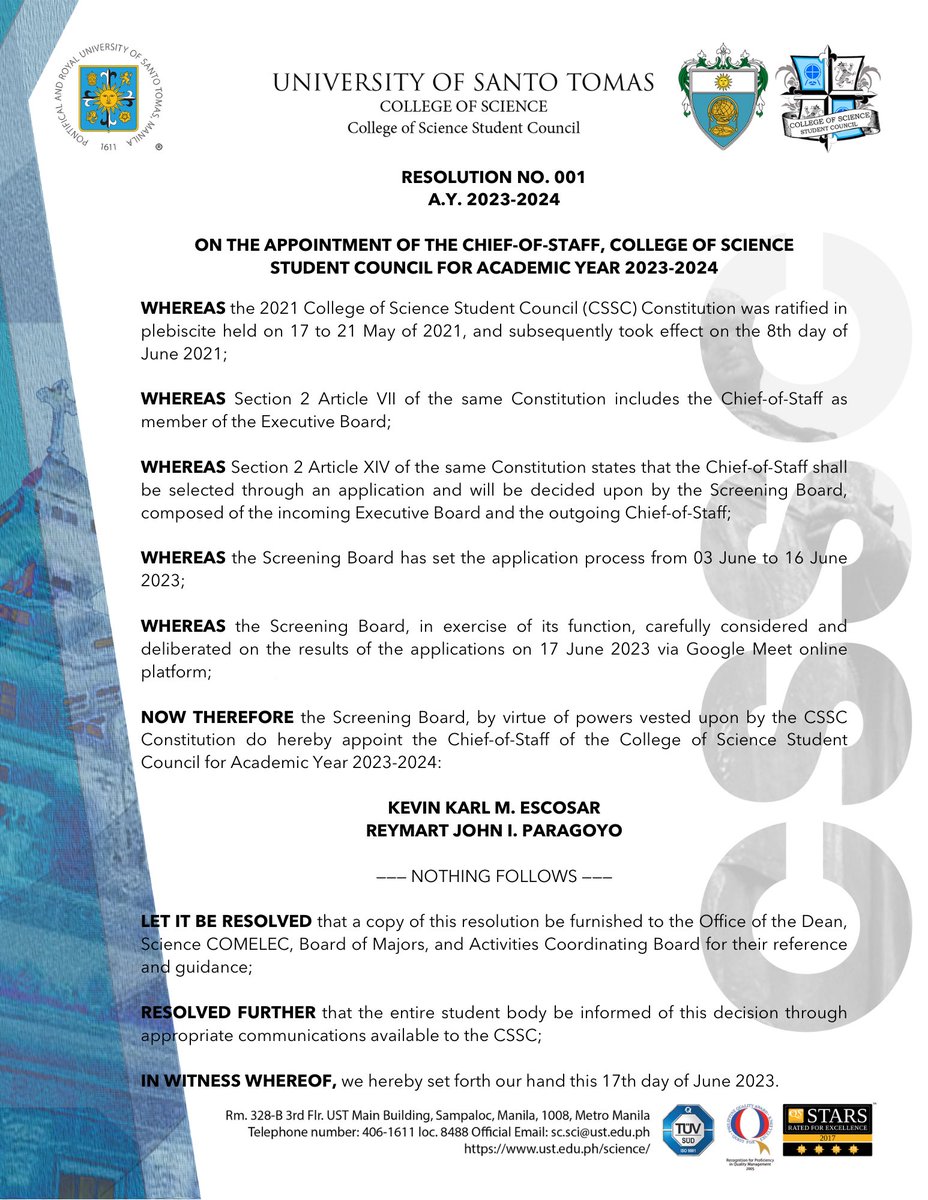 USTCSSC's tweet photo. CSSC RESOLUTION | RE-001
Series of 2023-2024
RE: On the Appointment of the Chief-of-Staff, College of Science Student Council for Academic Year 2023-2024
#GalingScience
#AghamPinainam https://t.co/6tVyR5x8ht