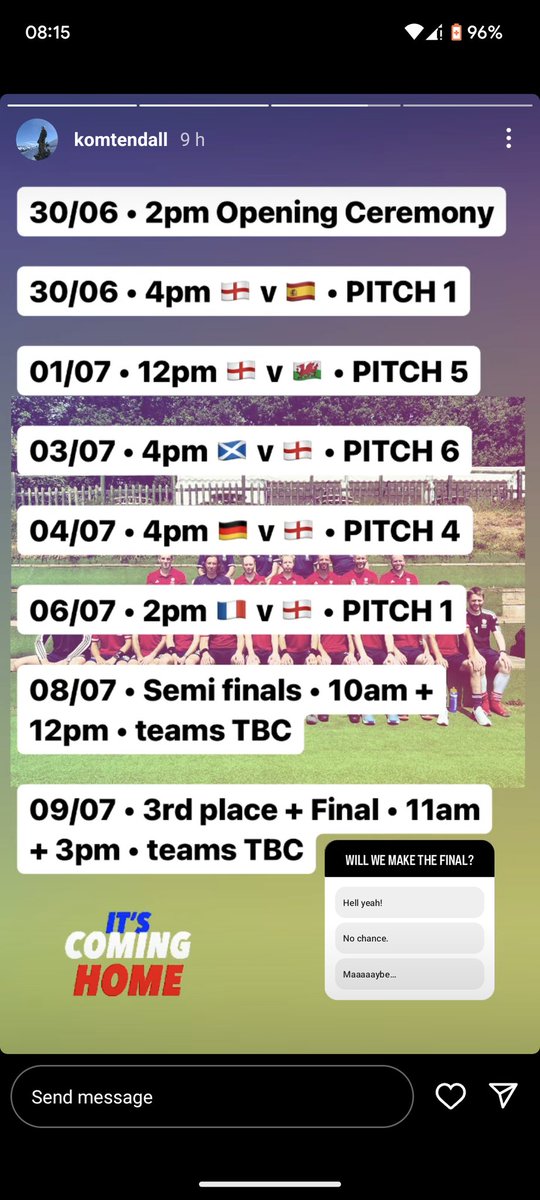benblundy's tweet photo. Sat 8th Semi Final TBC Pitch 4
Sun 9th Final 15.00 Pitch 1 https://t.co/mcUAqMGtxU