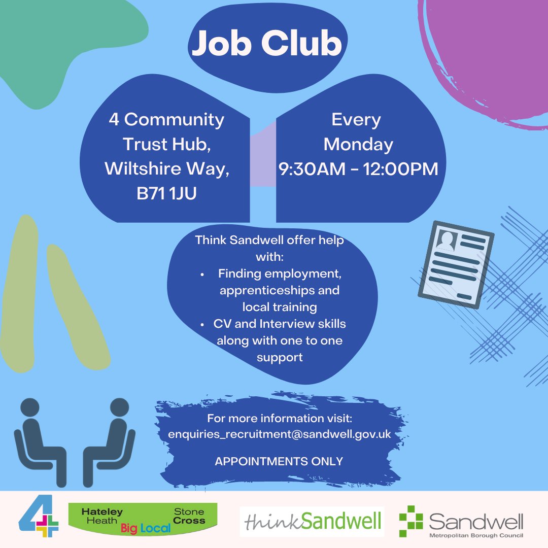 Are you unemployed? 💼 
 
Do you need a new CV?

Job club can help you with this! 😃 

Mondays in term time 🕧 9:30am - 12:00pm 
📍4 Community Trust Hub, Wiltshire Way, B71 1JU 

#employment #jobs #sandwell #sandwellcommunity #westbromwich #oldbury #wednesbury #jobsearch #jobclub