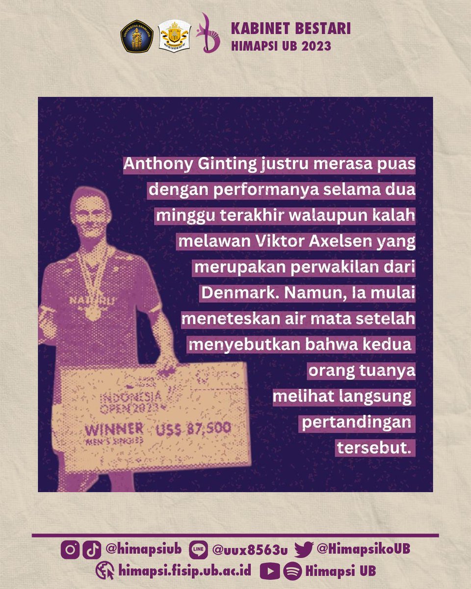 Halo, Sahabat Psikologi! 👋

Sahabat Psikologi tau gak, nih? Pekan lalu, atlet bulu tangkis, Anthony Ginting, telah meneteskan air mata saat konferensi pers usai final Indonesia Open 2023, loh! 😲 Kira-kira kenapa, ya? 🤔 Yuk, simak penjelasan berikut!