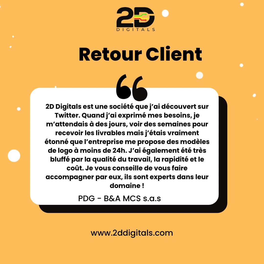 Nous mettons fin aux activités de cette semaine avec ce magnifique retour client !

C’est l’occasion pour nous de faire un clin d’œil à tous nos clients et collaborateurs et vous dire que vous êtes exceptionnels.

#2ddigitals #retourclient