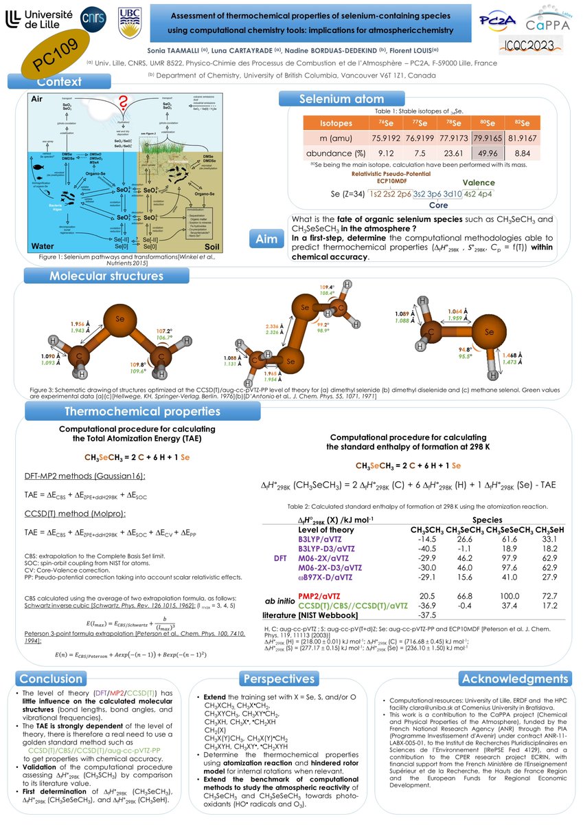 Interested in Selenium #atmoschem ?Want an intro to #comptchem to unravel thermo properties of Se? Come check my poster during the #ICQC2023
@PC2A_umr8522 @CNRS_HdF @RechercheUlille
@inter_univlille  @UBCChem @ConsulatFRAVan @CIC_ChemInst