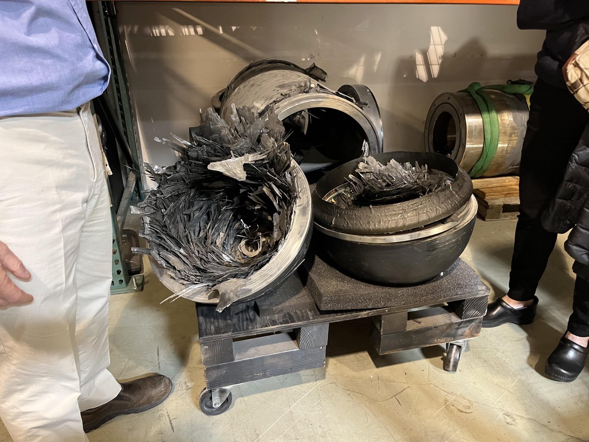 SubBrief's tweet photo. Thank you to Viewer Jacob B. for an insightful look into the OceanGate facility at Everett, WA. Here are some hemispherical carbon fiber end caps that failed during testing, probably why they decided to go with Titanium ends on the Titan. https://t.co/8s8UuEO7L9