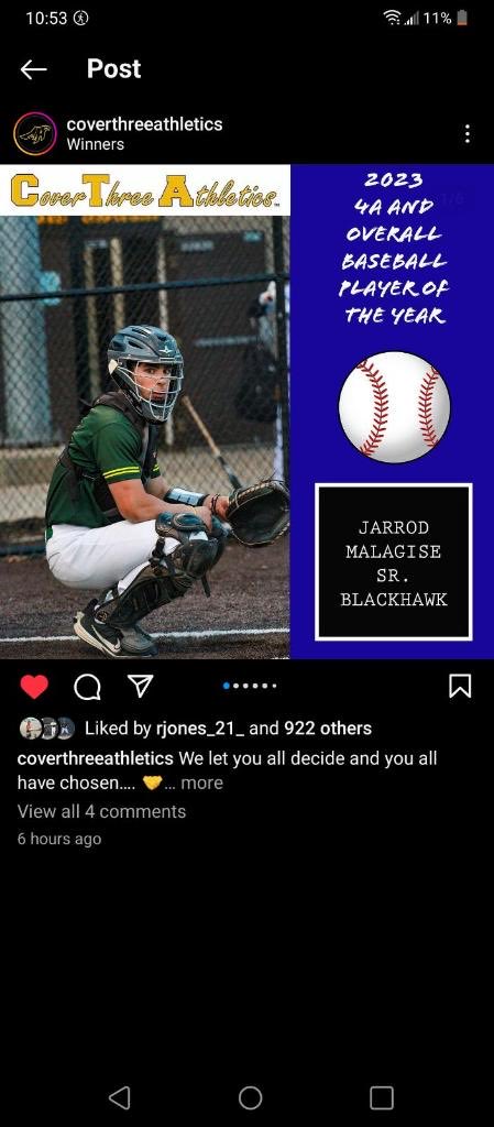 Cover three athletics 4A player of the year.  Blackhawk’s very own Jarrod Malagise.  Congratulations well deserved!
#24strong
