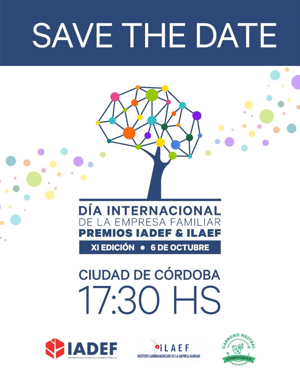 El próximo viernes 6 de octubre a las 17.30 hs se llevará a cabo la entrega de premios IADEF &amp; ILAEF en el marco de la Celebración por el Día Internacional de la Empresa Familiar.
6/10 a las 17.30hs
Presencial Ciudad de Córdoba
Completa este formulario:
forms.gle/Qu944cvtnYeZDe…