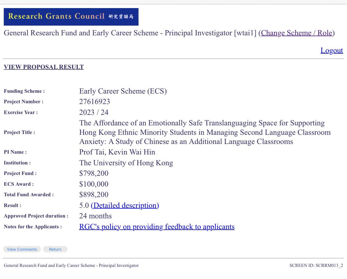 Very pleased to announce the my project as Principal Investigator will be funded by the Early Career Scheme (ECS), Hong Kong Research Grants Council (RGC). An Early Career Award was also given to recognise the outstanding rating of the proposal. 

#RGC_EarlyCareerAward