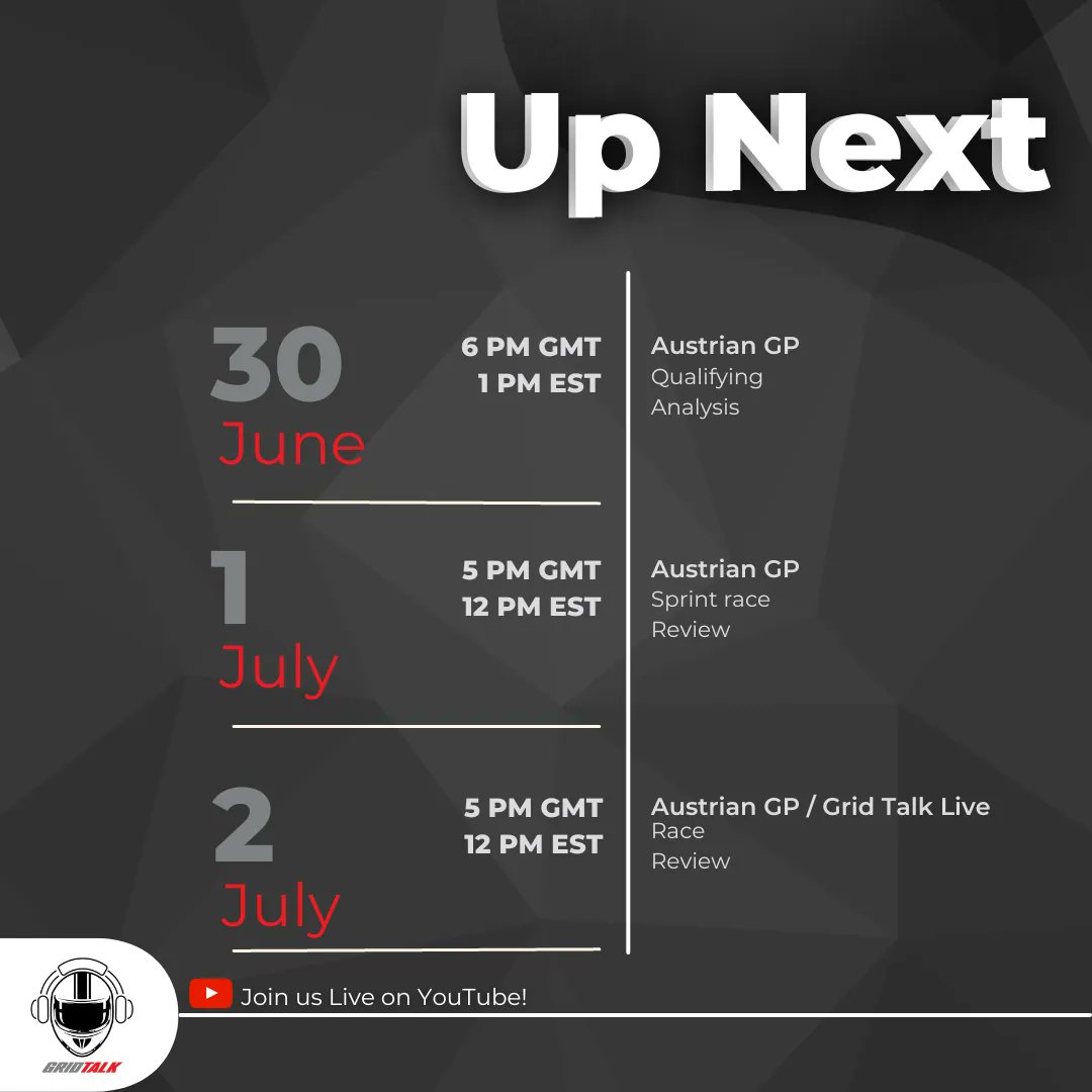 It's not only #RaceWeek but it's also a #Sprint weekend and our very own #GridTalkLive show on Sunday (in Manchester)!

Here are the times you will find us live on our YouTube channel reviewing all the action for the #AustrianGP! 

youtube.com/@GridTalkUK/
