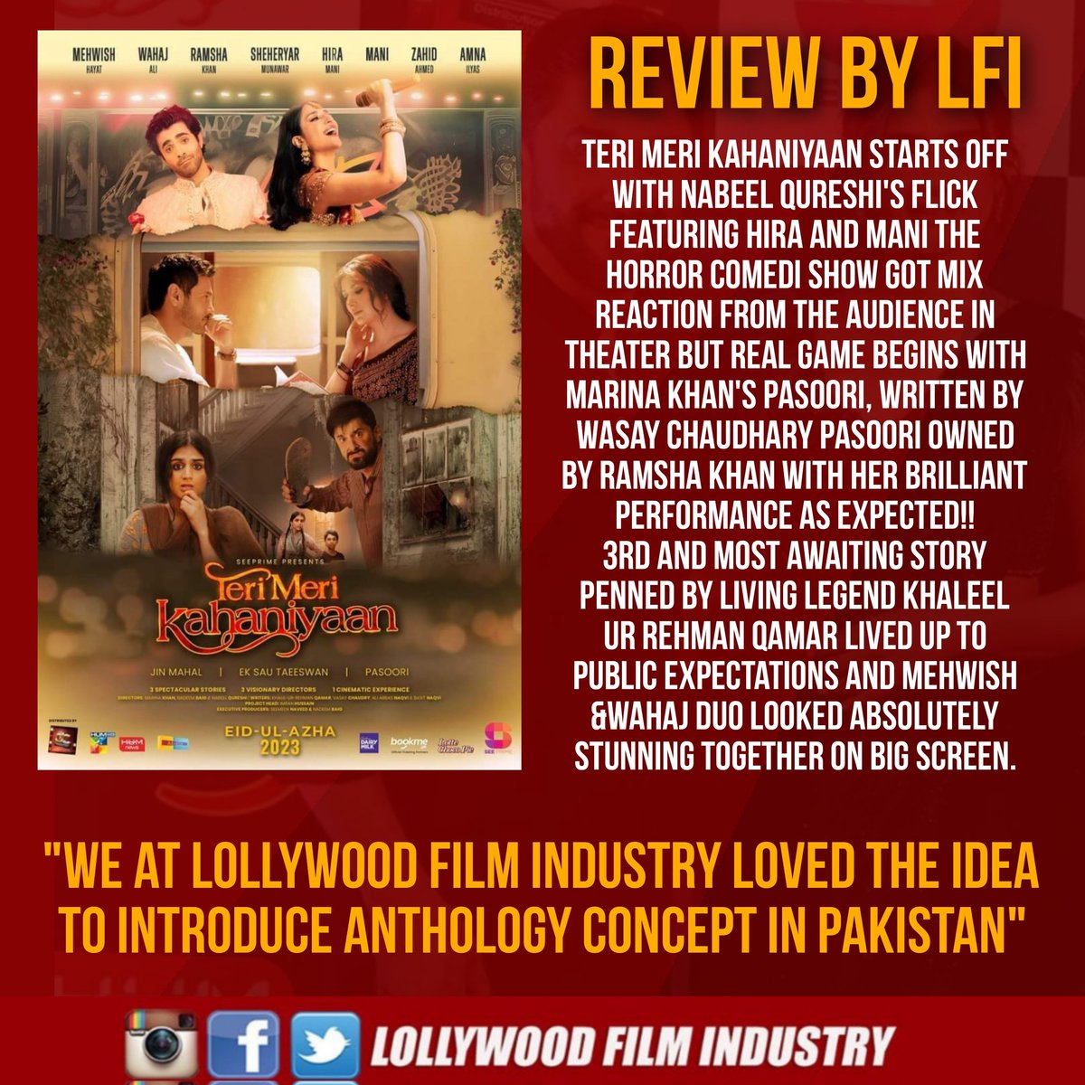 LFI_Lollywood's tweet photo. "We at Lollywood Film Industry loved the idea to Introduce Anthology Concept in Pakistan"
#seeprime #terimerikahaniyaan #eiduladharelease #mehwishhayat #wahajali #zahidahmed #sheheryarmunawar #ramshakhan #hiramani #mani #amnailyas #nadeembaig #marinakhan #nabeelqureshi https://t.co/OXT7c7N5PK