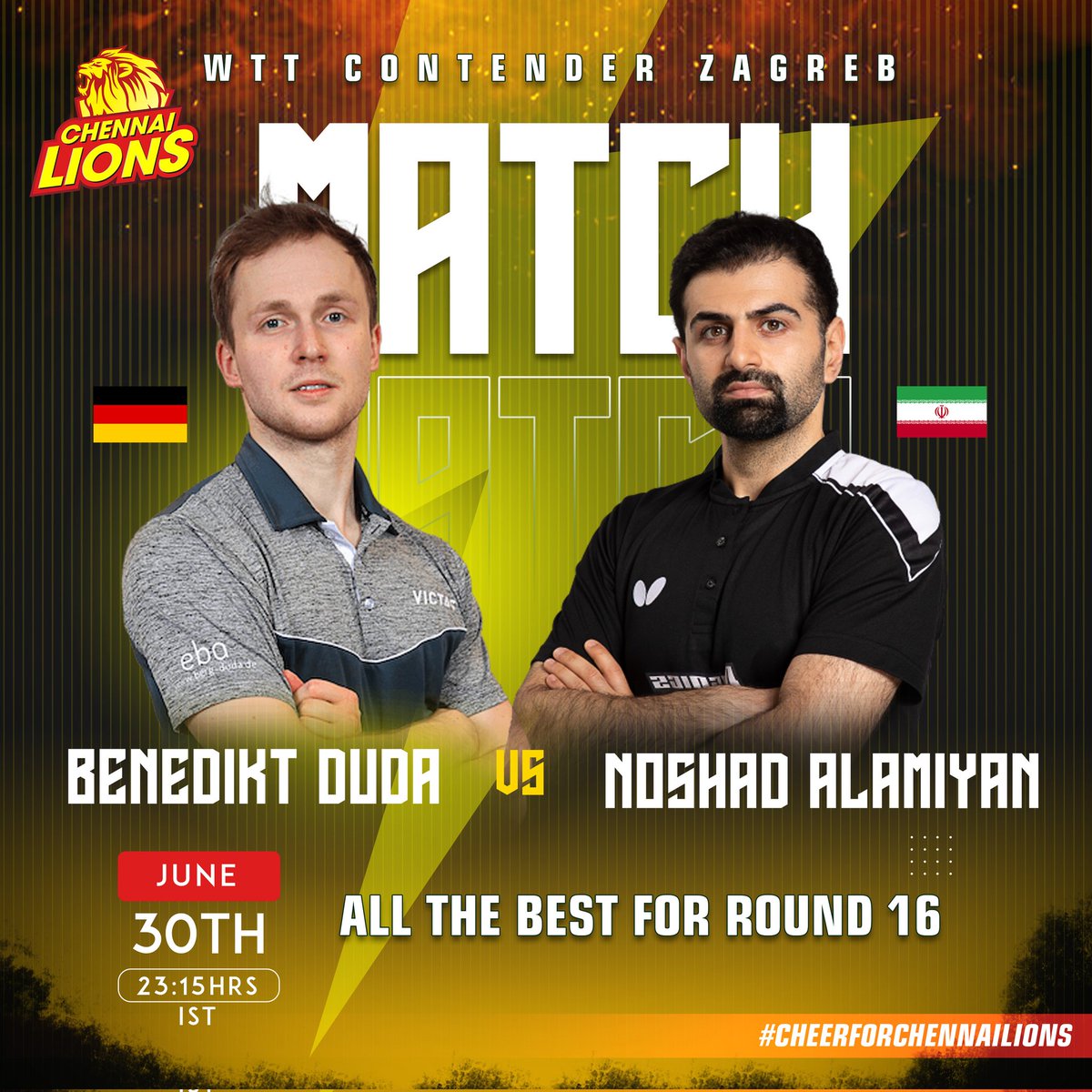 All the best for the match
Benedikt Duda VS NOSHAD ALAMIYAN
For their WTT CONTENDER ZAGREB Round 16
Wishing our talented table tennis player an electrifying match filled with fierce rallies and triumphant moments. Go out there and ace it!'
#WTTZAGREB #chennailions