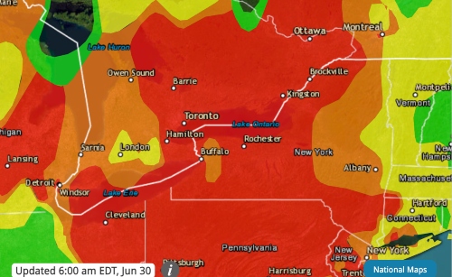 UPDATE/ALERT: The AIR QUALITY ALERT continues through midnight tonight for #NYS including the #GLOW region. As of 6 a.m., the #AQI registered at 153, an increase of about 30 points from Thursday a.m. &amp; is now classified as being in the red "unhealthy" zone. #canadianfires