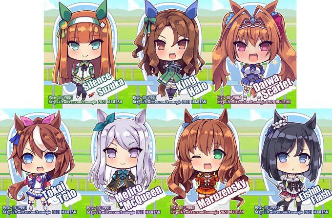 府中頒布物その2! SDウマ娘アクリルキーホルダー全7種です! 【各500円】 夏コミ1日目でもお出しする予定なので8月のビッグサイトでもぜひぜひ。#府中の蹄跡 