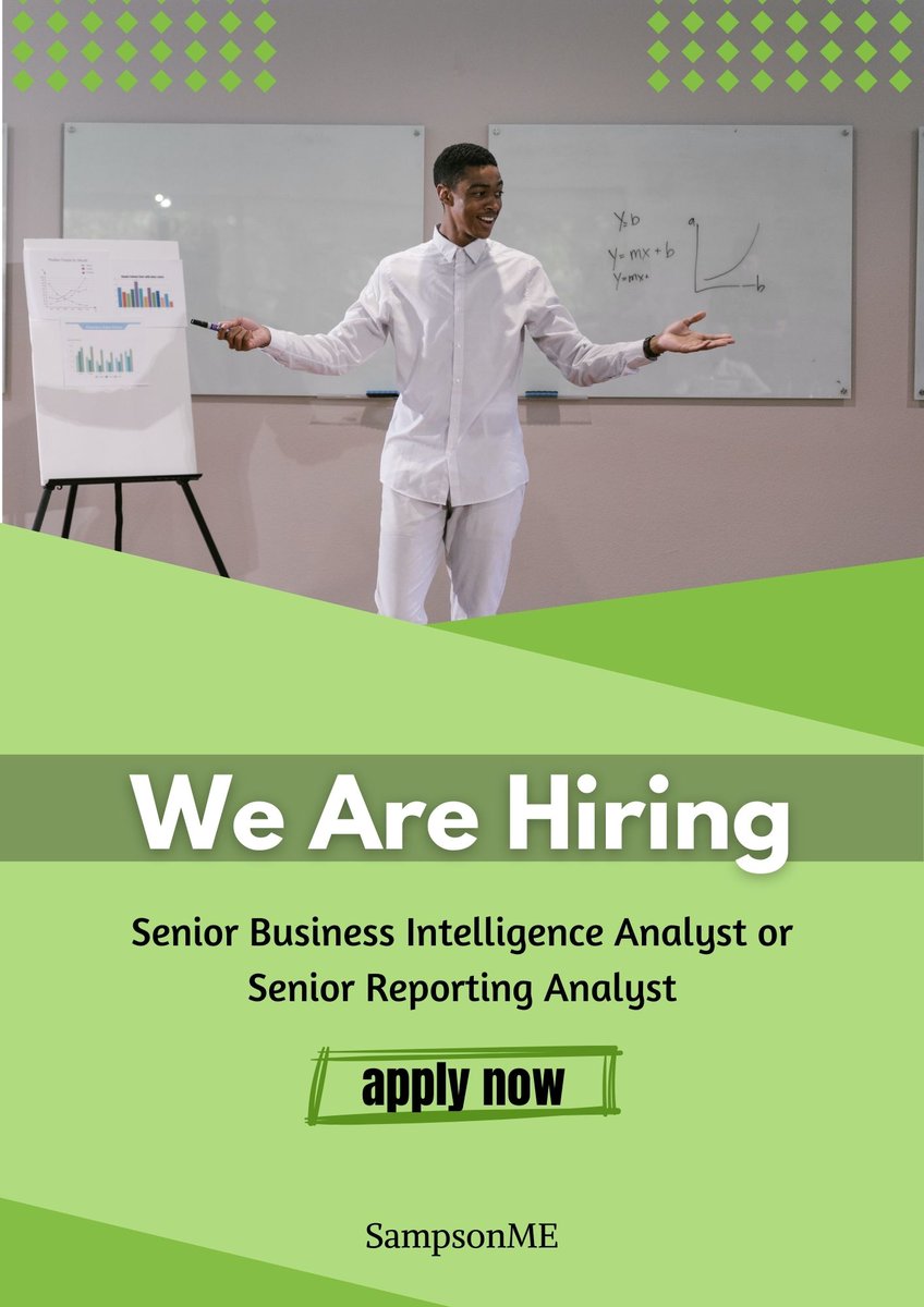 SampsonME2's tweet photo. Senior Business Intelligence Analyst or Senior Reporting Analyst.
Send resumes to info@sampsonme.com
#SME #sampsonme #businessintelligence #ReportingAnalyst https://t.co/S3kLy8DMnD