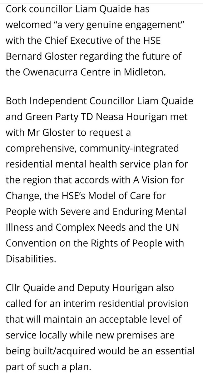 During our meeting with <a href="/BernardGloster/">Bernard Gloster</a>, I raised ethical concerns about the placements of some former Owenacurra residents.

We sought a residential mental health service plan for CHO 4 that accords with A Vision for Change &amp; the UNCRPD, citing North Cork provision as a model.