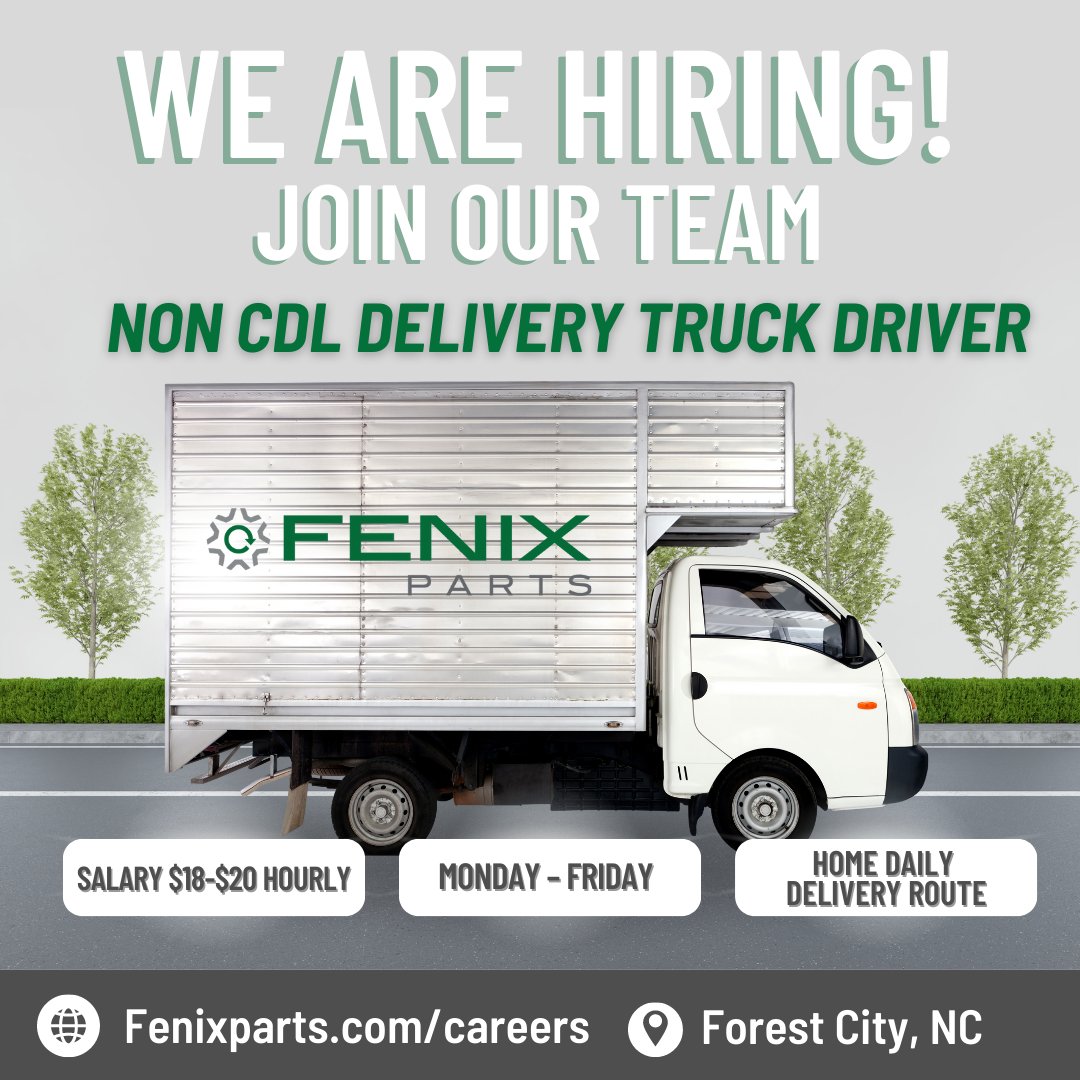 Fenix_Parts's tweet image. Fenix Part is hiring non CDL Delivery Truck Drivers! 
 --Forest City, NC-- 
-Monday-Friday no weekends
-Home daily delivery route
Be a part of something big. Join our amazing team, today!
Check out Fenixparts.com/careers
