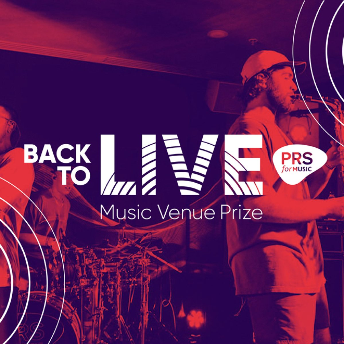 Back to Live is a brand campaign for PRS for Music UK offering independent live music venues the chance to win one of six regional prizes of up to £10,000. The logo mark features sound vibrations and the arc represents a return to the live stage. Launched in March 2022.