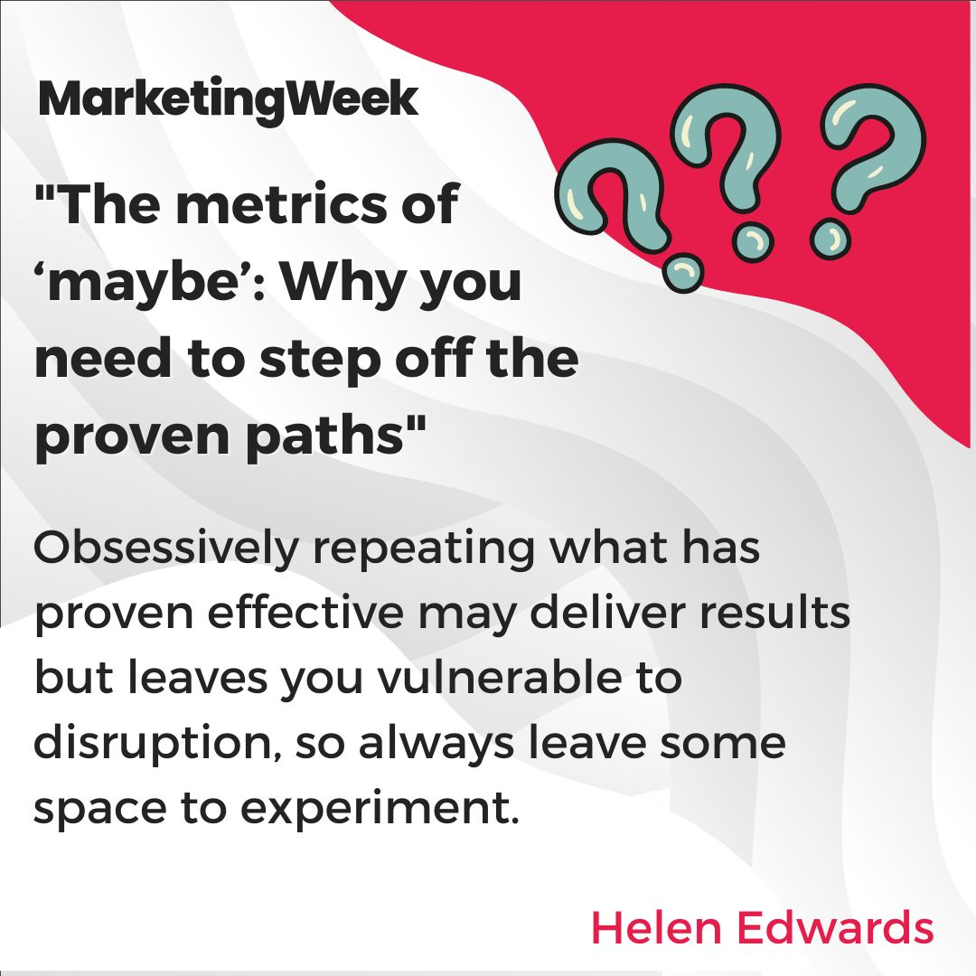 MarketingWeekEd's tweet photo. To round up our spotlight on columnist Helen Edwards, we look back on how she implores marketers to embrace experimentation to save from being vulnerable to disruption. 

Read more here: https://t.co/Lm0SCWRCdk https://t.co/kBwU9IfDUu