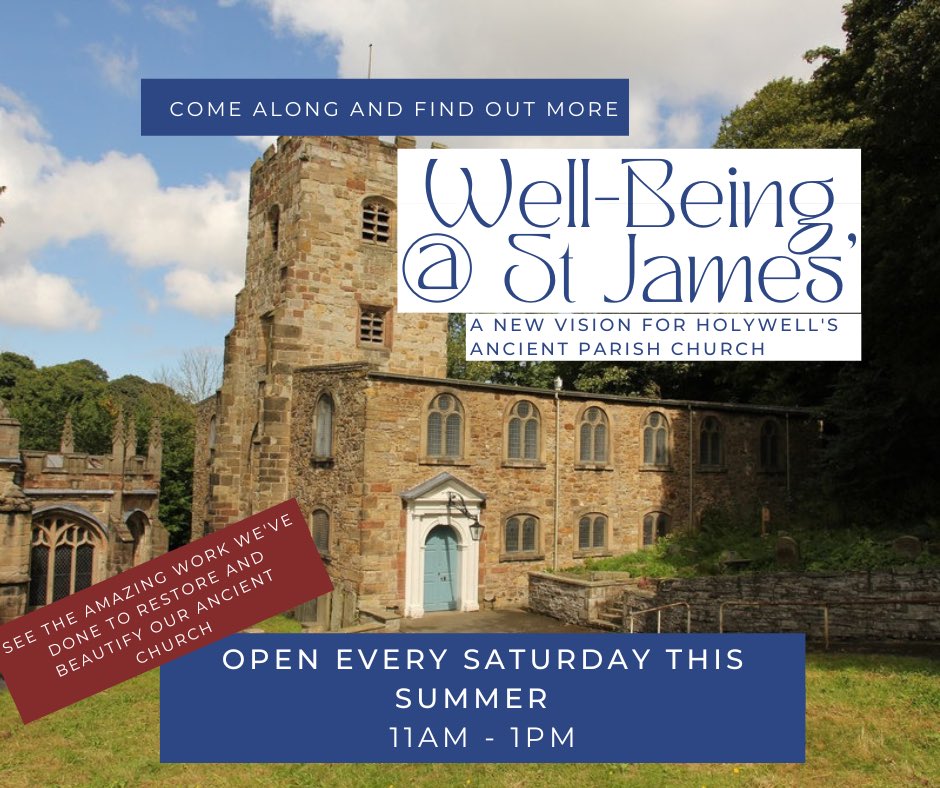holywell_parish's tweet photo. St James’ will be open this and every Saturday over the summer from 11am - 1pm for you to come in, have a coffee and see the amazing history and future of our ancient church. All are welcome! https://t.co/d4397ezfjn