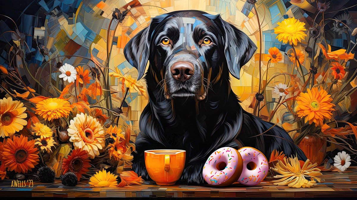 beachtv's tweet photo. Coffee, dark and treacherous, a liquid dare. Donuts, sweet circles of deceit, wink from the box. 06.30.2023 #Walter #WheresWalter #WalterTheDog #WaltersWorld #LabZilla #MidJourney #MidJourneyArt #MidJourneyAI #MidJourneyAiArt #JavaDog #AiArt #CoffeeDog #CoffeeWithDogs https://t.co/dnd0CH69Zb