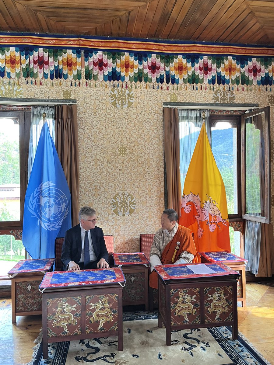 Was a pleasure to welcome USG for Peace Operations HE Jean-Pierre Lacroix on his first visit to Bhutan. Had a fruitful discussion on our contingent currently deployed in the Central African Republic & reemphasized Bhutan’s commitment to multilateralism @Lacroix_UN