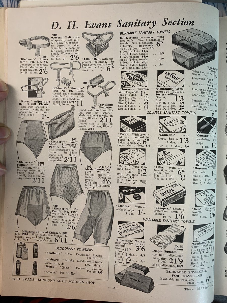 Check out this amazing page of period products, in a 1940s mail order catalogue. Includes washable towels, period pants, and burnable envelopes for travelling.