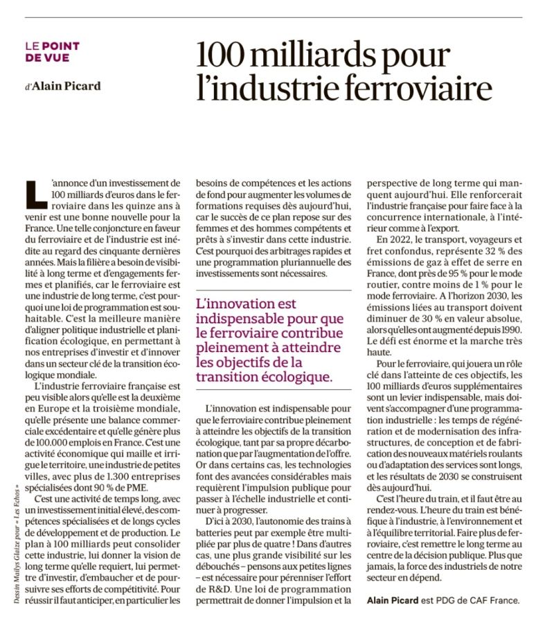 Alain Picard, le CEO de CAF France s'exprime aujourd'hui dans Les Echos sur les défis que représente le plan à 100 milliards d’euros annoncé en février pour la filière ferroviaire française et l'industrie en général.
#SGPE #Ferroviaire #mobilitédurable #innovation