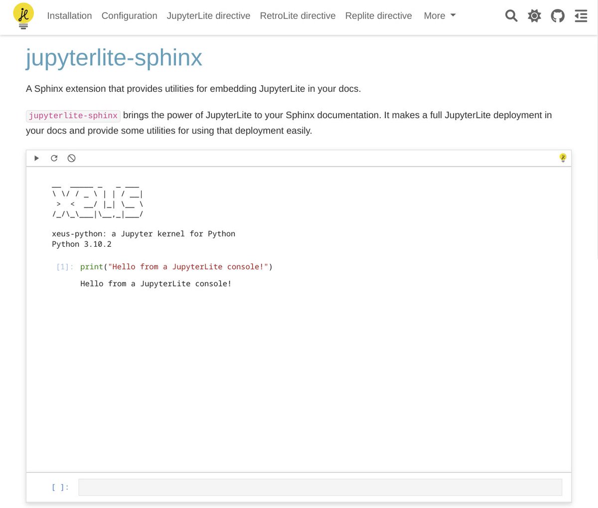 You can embed #jupyterlite in #Python #Sphinx documentation using jupyterlite-sphinx! jupyterlite-sphinx.readthedocs.io You can now also embed a #Voici dashboard into it! The equivalent to #Voila dashboards but using WASM-based kernels