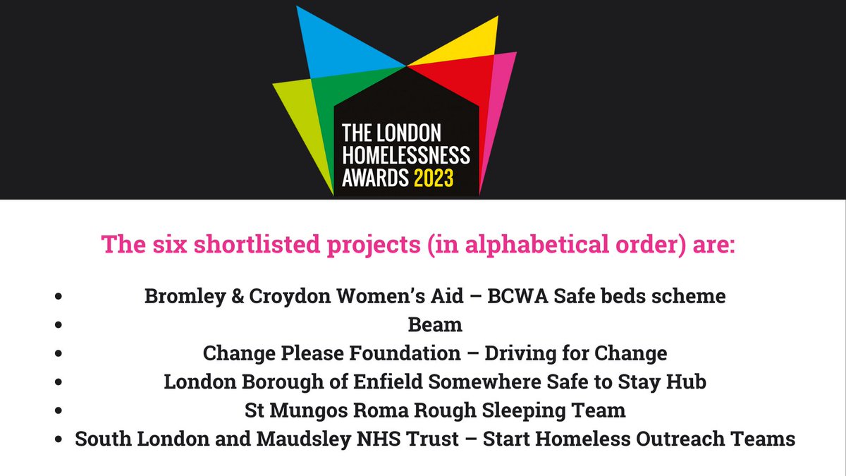 💫Six projects from across London have been shortlisted and are in the running to win a share of the prize fund of £60,000! ➡@BromleyWA ➡@wearebeam ➡@ChangePlease ➡@EnfieldCouncil ➡@StMungos ➡@MaudsleyNHS #LHA2023 #LondonHomelessnessAwards lhf.org.uk/news/shortlist…