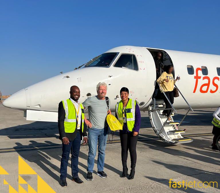 All smiles, Sir Richard Branson with fastjet Zimbabwe's Accountable Manager Captain Joe Mparuri and Chief Commercial Officer Vivian Ruwuya upon his arrival in Harare for a private visit. 