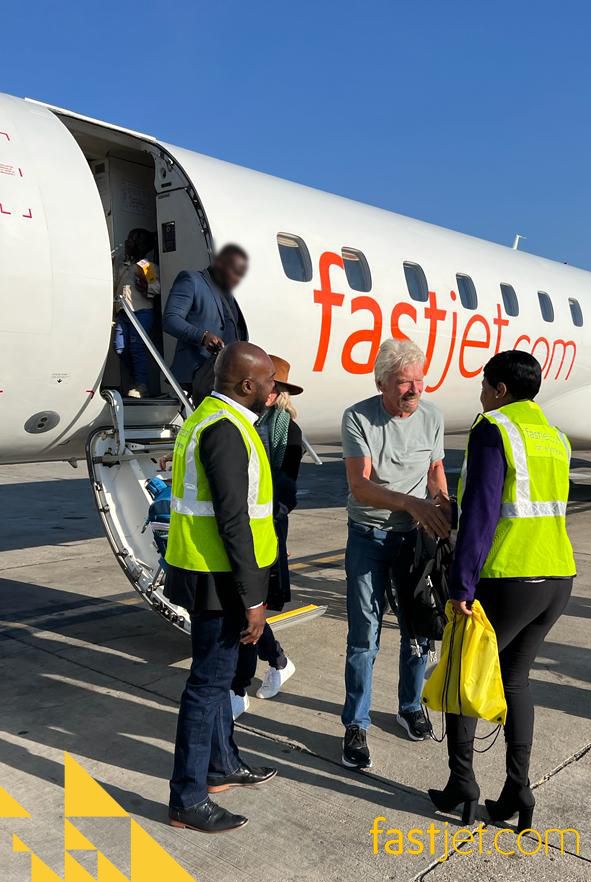 fastjet's tweet photo. 🚨 Guess who was on a #fastjet flight to #Harare? 

It was a pleasure having @richardbranson onboard a fastjet flight. Honoured to have one of aviation's top personalities flying with us. Thank you, Richard, See you soon 😉😄
#fastjetForEveryone
#AvGeek 
#fastjet https://t.co/INs44jwGQa
