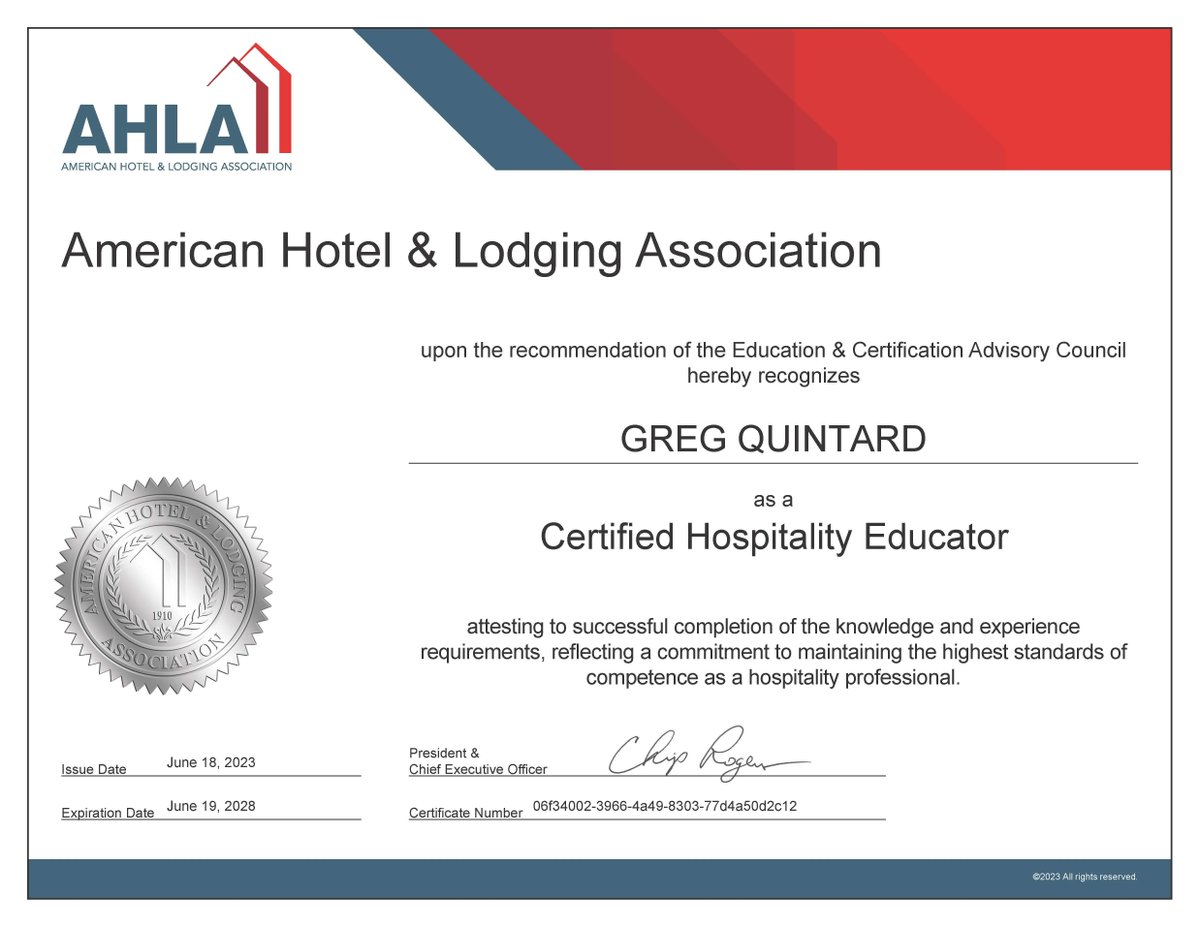 NCC Professor of Hospitality Management, Greg Quintard, has recently been recognized as a Certified Hospitality Educator by the American Hotel &amp; Lodging Association. This is the only program certificate in the world designed for post-secondary hospitality educators.
